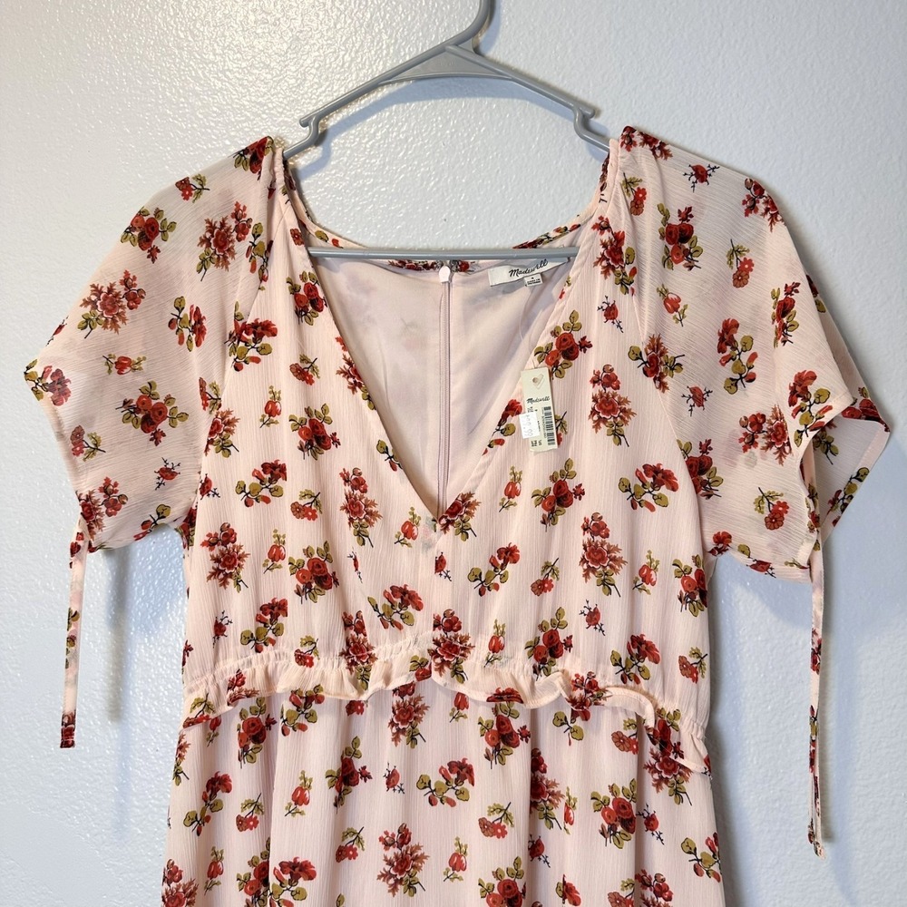 Madewell Sz-4 Midi Dress Tie Sleeve Ruffle Waist Countryside‎ Blooms Pink Floral - Picture 10 of 15